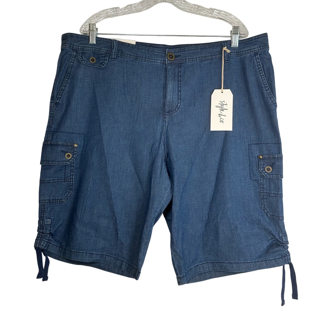 Style & Co Womens Plus 18 Blue Denim Bermuda Cargo Shorts Mid Rise Stretch NWT